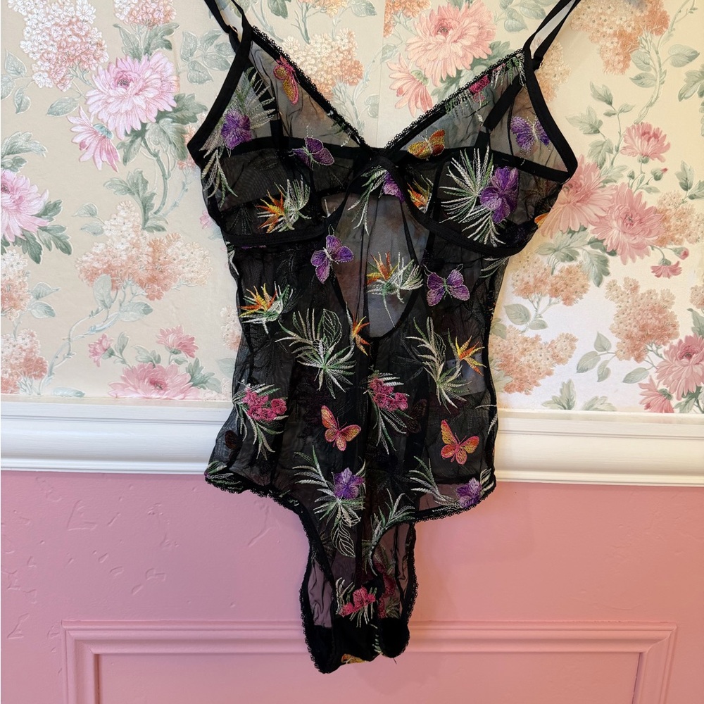 Sheer Black Floral Embroidered Lace Bodysuit - Women's Intimates